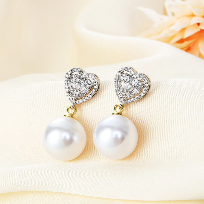 Daily Occasion Imitation Pearl, Copper Material 1 Pair Imitation Pearl Copper Artificial Pearls Zircon 925 Sterling Silver Earrings Geometric Heart Shape Drop Earrings Ear Studs
