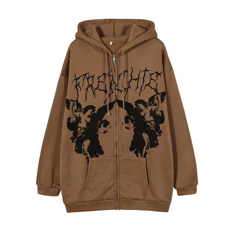 Loose street sports zippered cardigan 2024 autumn/winter new casual y2k jacket hoodie for women_voghion.com