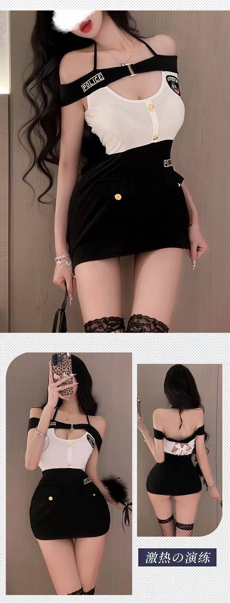 Policewoman Roleplay Costume Set with Hip-Covering Uniform Dress, Black One Size — detail image 6
