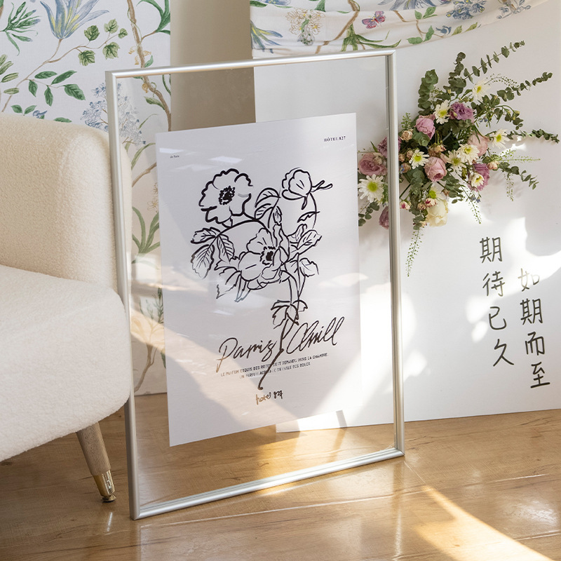 Double-Sided Transparent Light Luxury Metal Table Photo Frame 6 Inches 8inch 10inch Wall Hanging Calligraphy and Painting Poster Embossed Scandinavian Aluminum Alloy