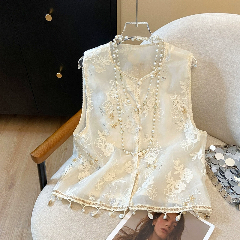 2025 летний новый ретро новый китайский стиль улучшенный художественный вышивка с круглым вырезом, жилет топ женский