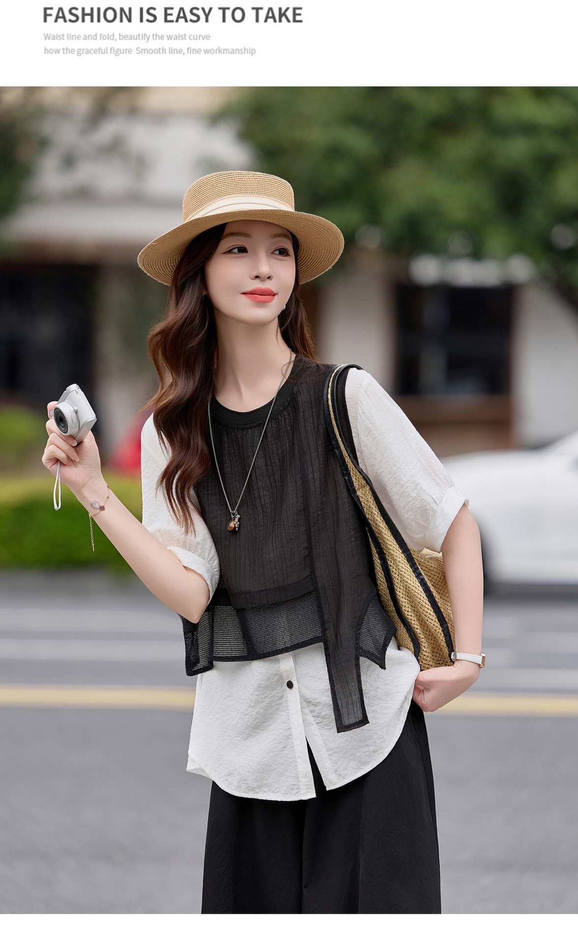 Bộ quần áo nữ mùa hè 2026 gồm áo thun rộng phối quần ống rộng cắt may — màu đen chi tiết 19