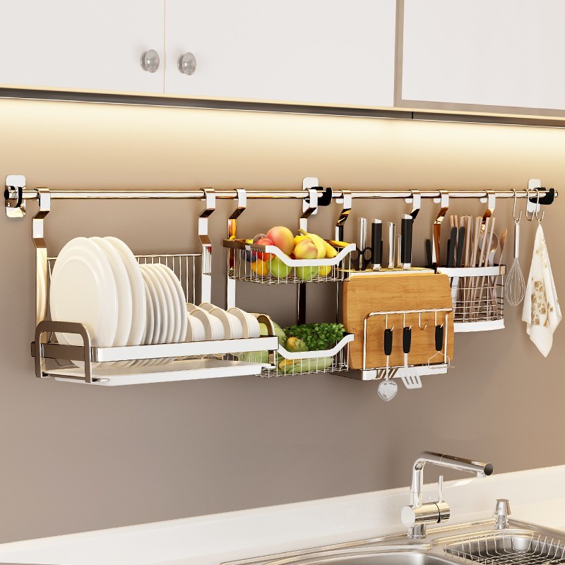 Thickened 304 stainless steel bowl rack, drain rack, knife holder, wall-mounted kitchen storage rack, no punching, oblique mouth spice rack