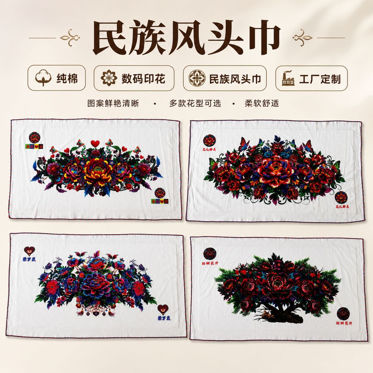 工厂定制云贵川少数民族头巾 数码印花纯棉毛巾加长加厚头巾