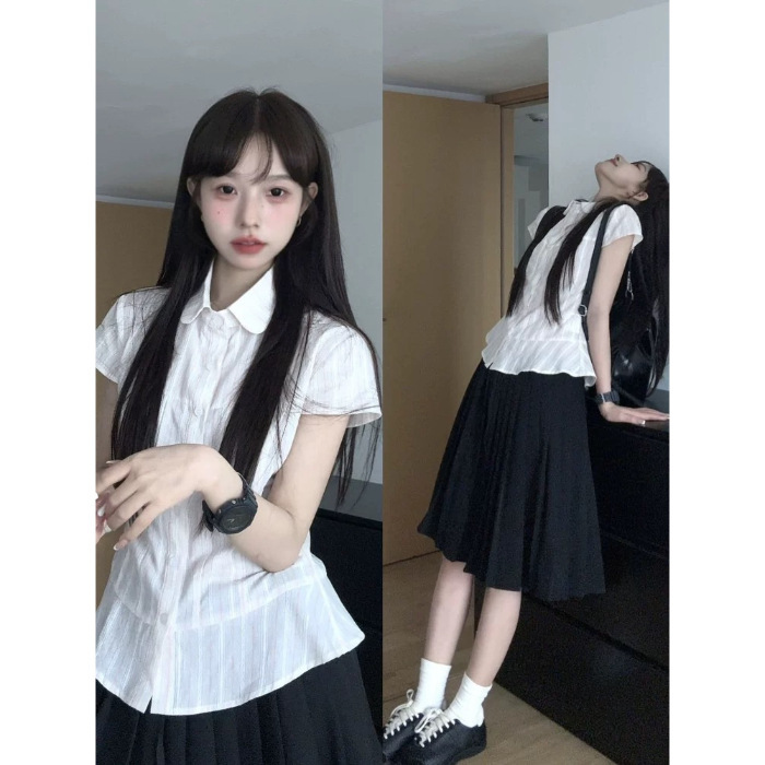 韓国カレッジスタイルポロカラー半袖シャツ女性のための夏の2025新しいスタイルシンプルな痩身西洋スタイル年齢軽減シャツ|undefined
