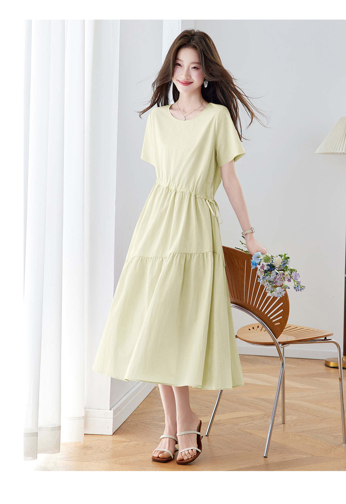 Đầm maxi nữ thắt eo dáng suông rút dây A-line tay ngắn JY2619 — màu tím nhạt, Vàng nhạt chi tiết 21
