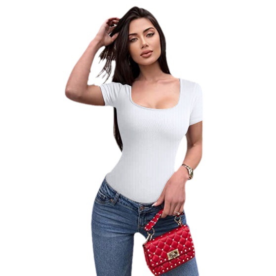 Transfronterizo europeo y americano Amazon AliExpress verano nuevo comercio exterior ropa de mujer cuello cuadrado color sólido manga corta mono apretado