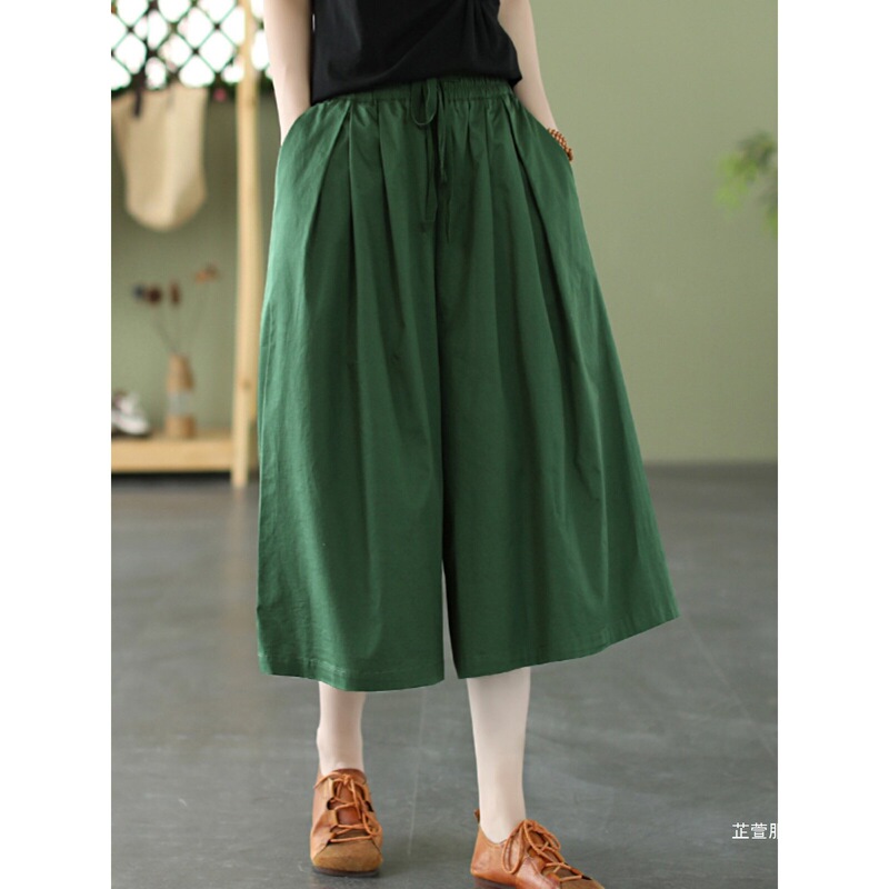 Vintage Artistic Elastic Waist Loose Solid Color Pure Cotton Wide-Leg Cropped Pants Summer Thin Style Wide-Leg Skirt Pants for Women Casual