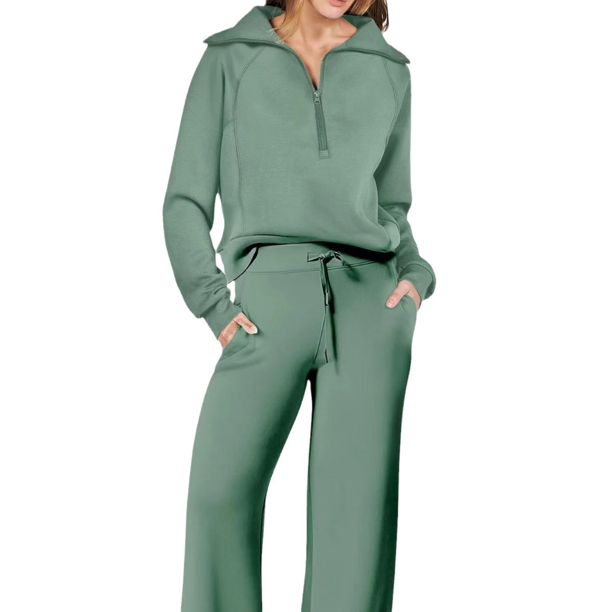 ActiveGo 2024 Autunno Inverno Moda Casual Sportivo Tuta Cerniera Manica Lunga Felpa Pantaloni Gamba Larga Set Due Pezzi per Donna_voghion.com