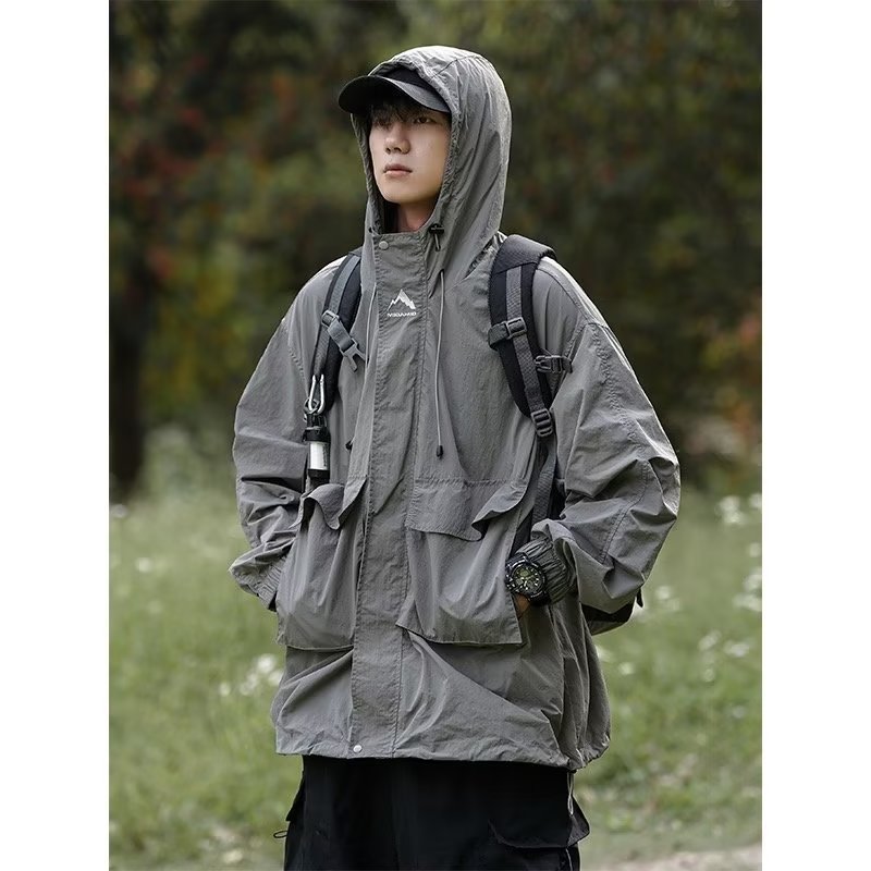 Men's summer thin sun protection jacket, stylish and cool outdoor functional windbreaker, American high street style hooded sun protection clothing jacket