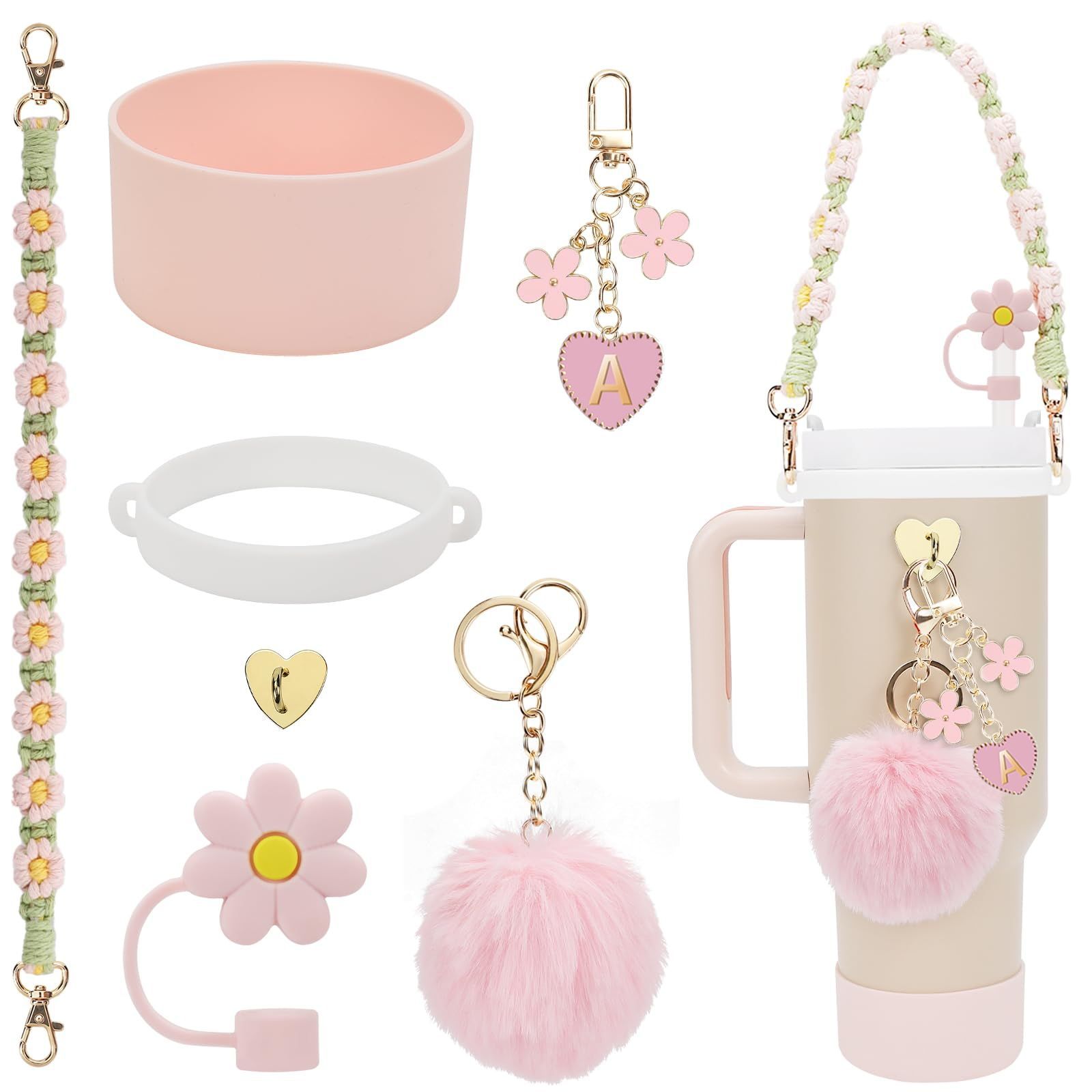 Accesorios de taza Stanley colgante de cuerda de mano flor de silicona gorra de paja de peluche colgante de taza cadena de taza de color cubierta de taza