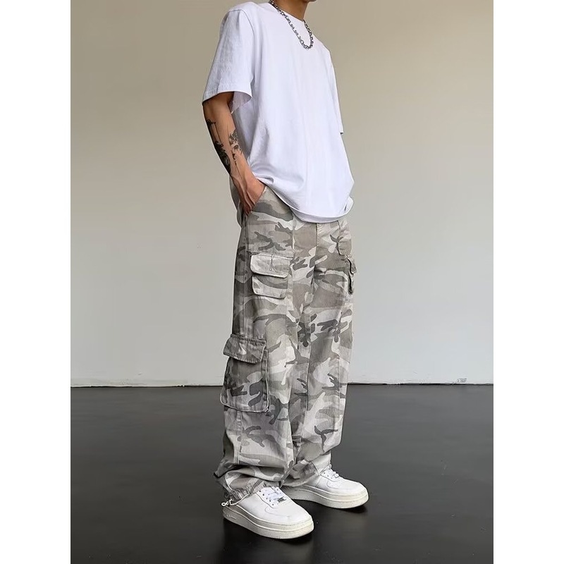 秋季新款灰色迷彩工装裤男女hiphop美式高街多口袋宽松直筒运动裤|undefined