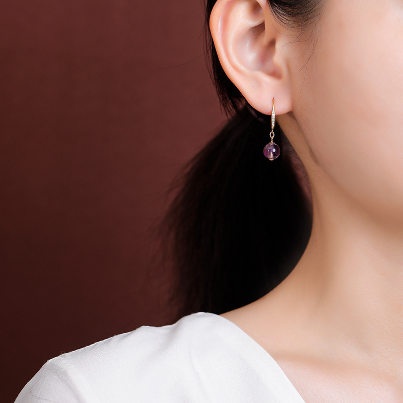 Bông tai bạc S925 mạ vàng đính pha lê tự nhiên hạt tròn khảm hình học — Kiểu màu bạc