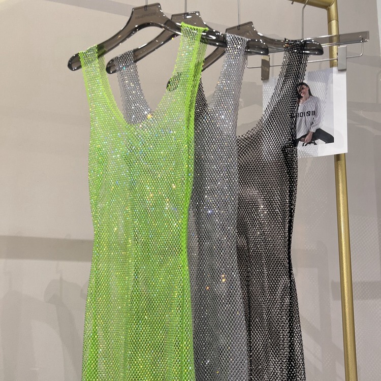 2023 New Sexy Sleeveless Hollow Flash Rhinestone dress Fishing Net Mesh Perspective Crewneck Skirt Party