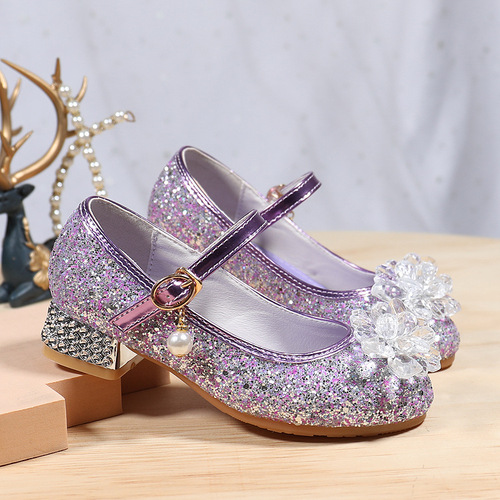 Children's leather shoes with high heels, little girl performance crystal shoes dress soft soles summer princess children's shoes purple