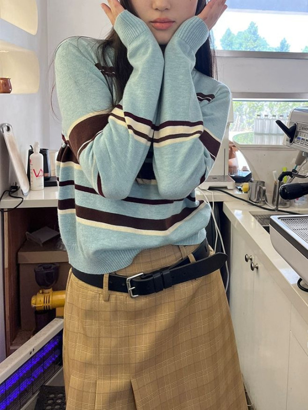 银河汽水 蓝色条纹毛衣女秋冬季2025新款小个子短款显瘦针织上衣|undefined