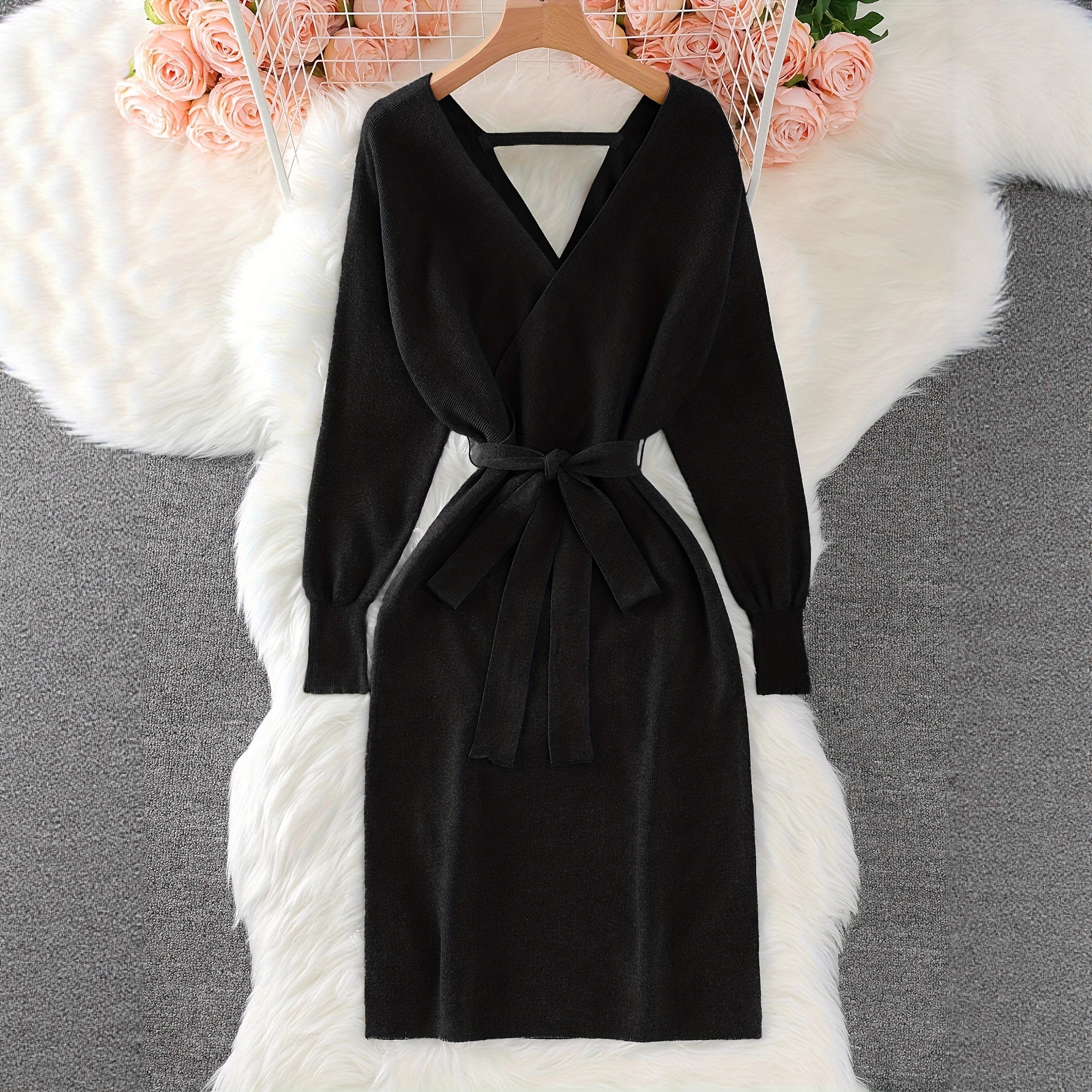 Women's Solid Color Knitted Dress With Bow Belt V Neck Long Sleeve Fashion_voghion.com