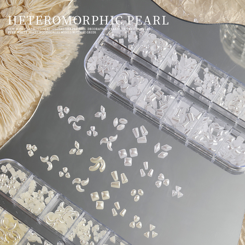 Joyería de uñas 12 rejilla plana especial en forma de perla resaltar mini decoración de uñas gota de agua amor paquete mixto al por mayor