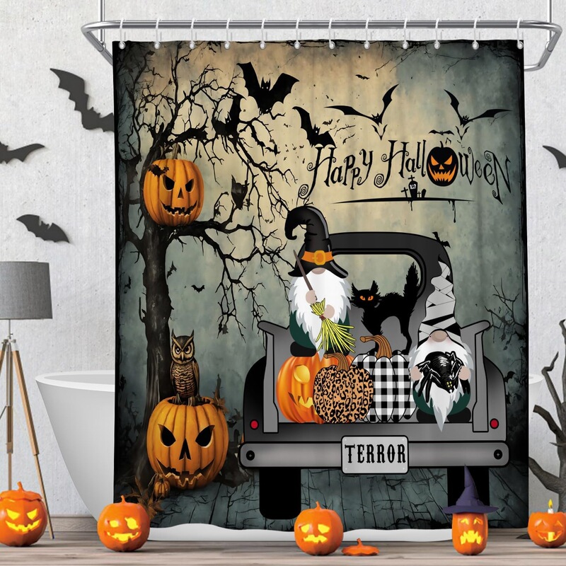 Cross-border no-drill shower curtain with truck, dwarf, black cat, owl, pumpkin Halloween designs, fabric bathroom curtain with 12 hooks