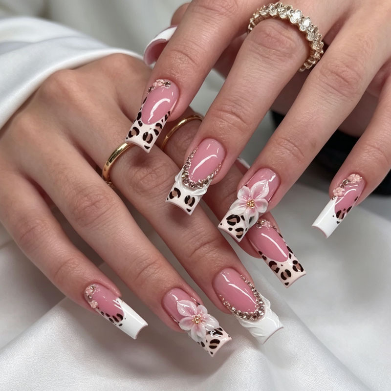 Cross-border hot-selling nude leopard print French 3D rectangular press-on fake nails, finished nail art products wholesale Cross-border hot-selling nude leopard print French 3D rectangular press-on fake nails, finished nail art products wholesale