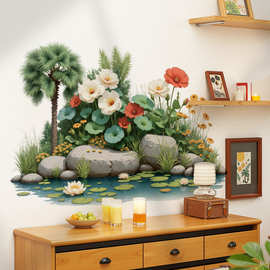 石阶池塘花卉背景墙装饰贴纸卧室沙发荷花墙贴画仿真植物画 69197