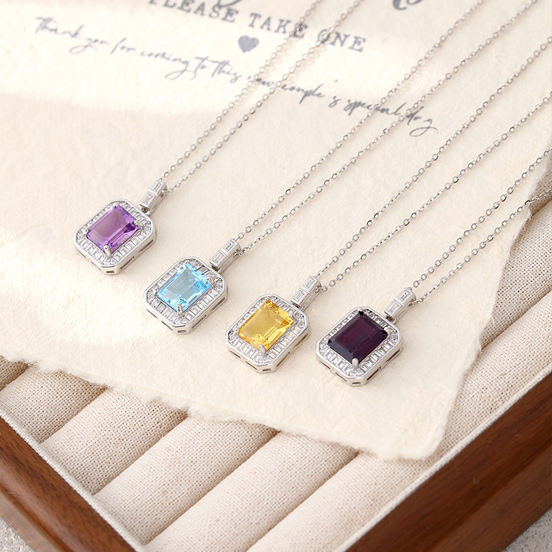 Gem Cross-border Douyin Live S925 Collar de plata esterlina Colgante cuadrado de piedra natural para mujer Cadena de clavícula con sentido de diseño avanzado