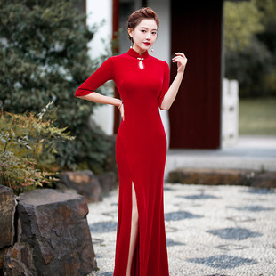 8865 winter new red velvet sequined stage catwalk cheongsam dress retro three-quarter sleeve slim-fit dance cheongsam