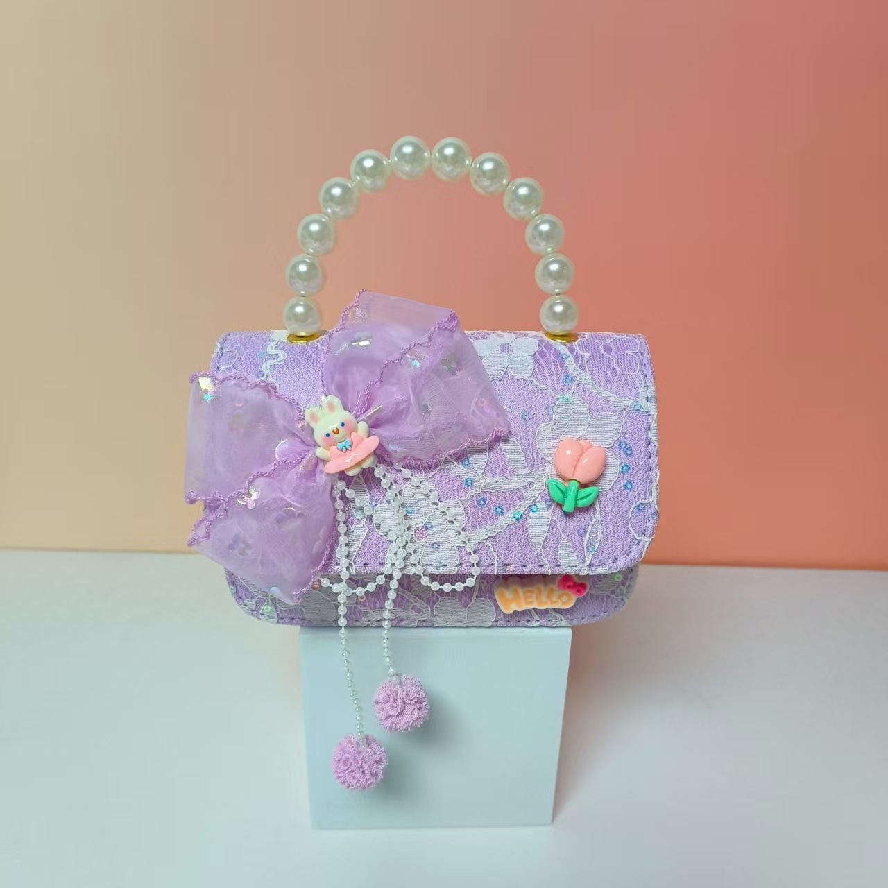 Bolso portátil de perlas de princesa conejo arco de hombro bolso de cadena bolso pequeño bolso de cambio de Año Nuevo