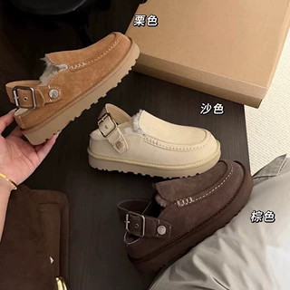 跨境新品大码加绒加厚搭扣拖鞋真皮外贸雪地靴女鞋2026牛皮棉鞋