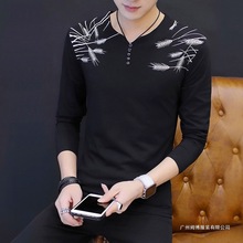 秋冬男士长袖t恤男装V领韩版印花长袖体恤男上衣服打底衫休闲亚麻