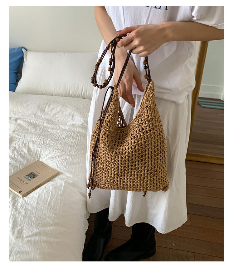 Summer woven beaded single-shoulder bag for women, large capacity, retro and fashionable, hollowed-out casual vacation style underarm crossbody bag undefined