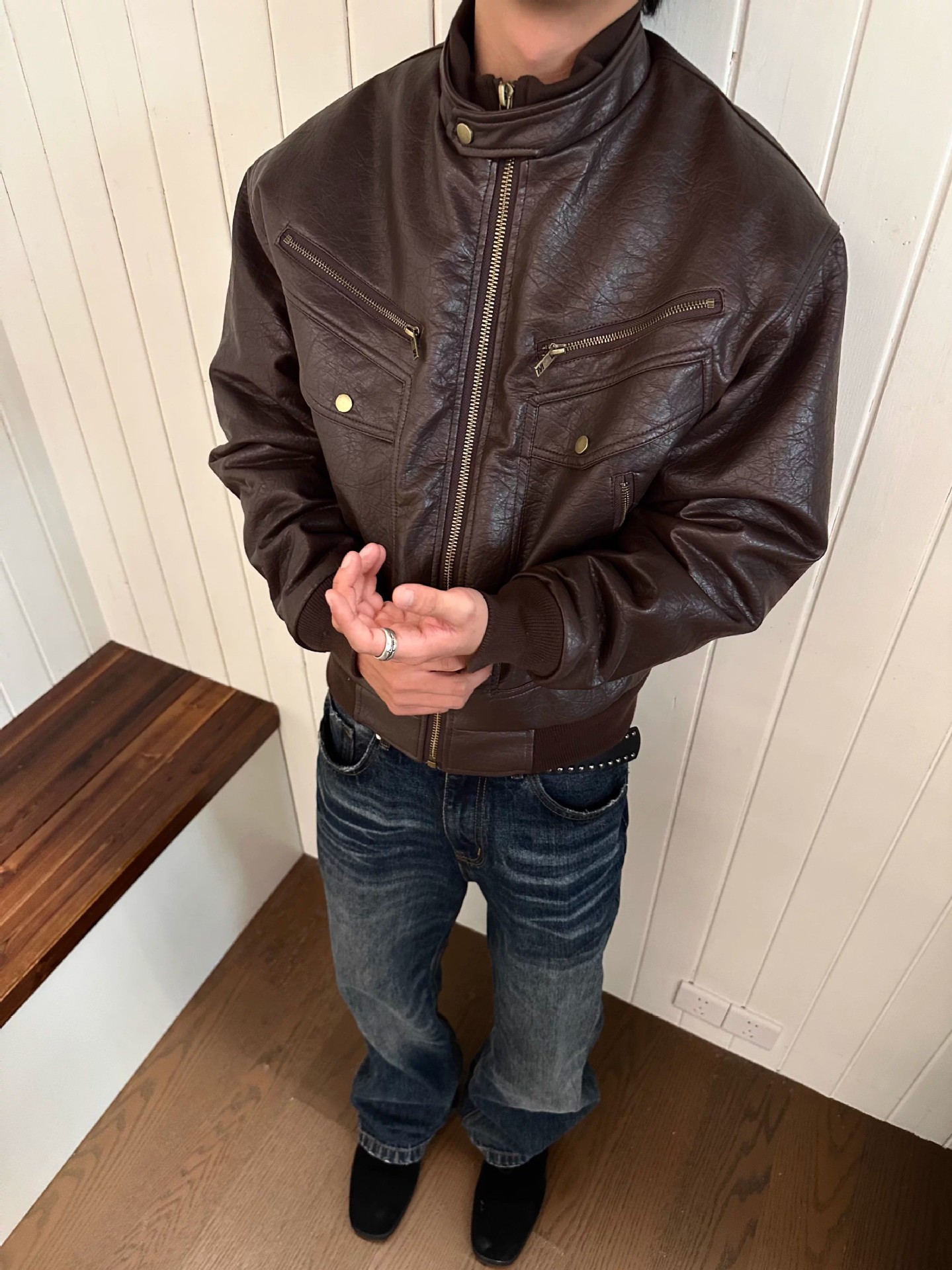 Men's Retro Leather Motorcycle Jacket With Multi Pockets Black_voghion.com