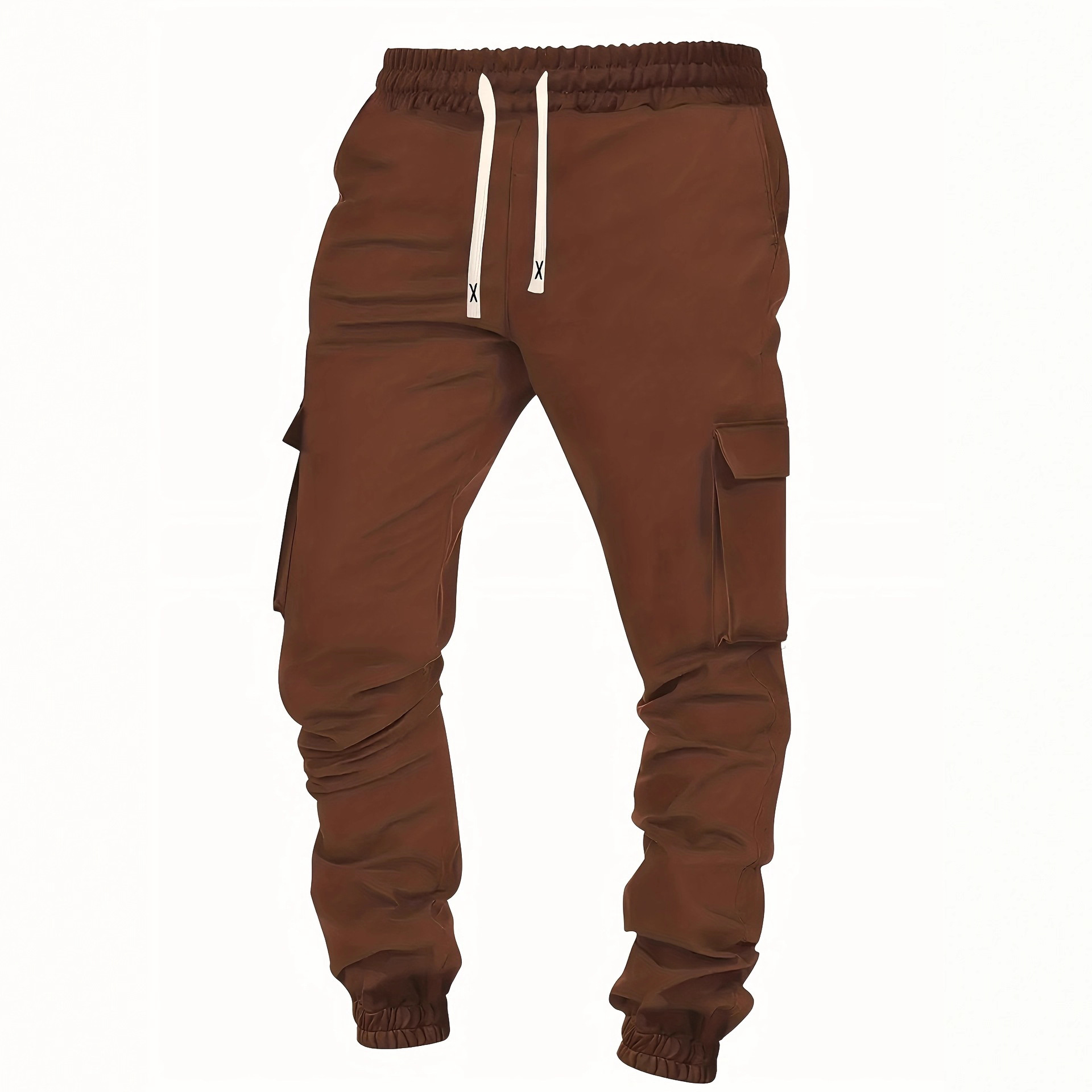 2025 Cross-Border American Autumn and Winter Fleece Men's Casual Cargo Pants Multi-Pocket Drawstring Solid Color Sports Casual Long Pants