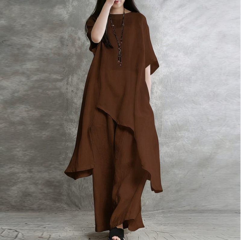 Southeast Asia Spring and Summer Large Size Loose-Fitting Casual Cotton and Linen Long-Sleeved Round-Neck Solid Color Fashionable Sports Suit