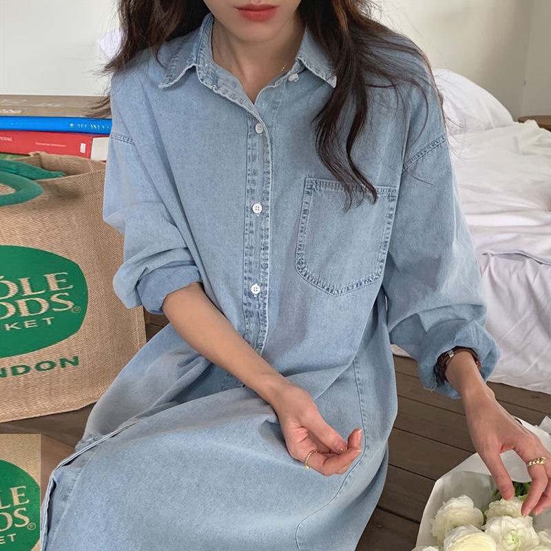 Korean Chic Autum Simple Lapel Single-Breasted Loose Shirt Dress Casual Long-Sleeved Imitation Denim Dress Korean Chic Autum Simple Lapel Single-Breasted Loose Shirt Dress Casual Long-Sleeved Imitation Denim Dress