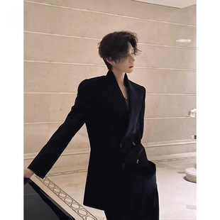 British Style Black Shoulder-Padded Suit Jacket Men's Spring & Fall Handsome High-End Men's Silhouette Casual Suit Jacket