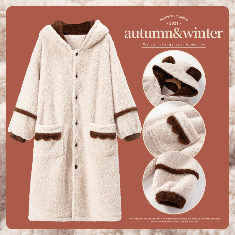 Otoño e Invierno coral polar pareja camisón de los hombres Albornoz de franela pijamas extendidos engrosada INVIERNO DE LAS MUJERES forradas de lana