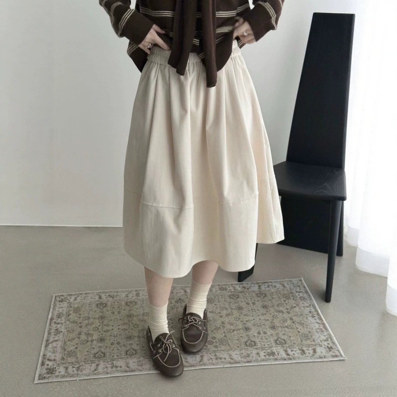 26 Autumn new collection: high-waisted, elastic-waist, solid-color, pleated, versatile A-line midi skirt for work and casual wear