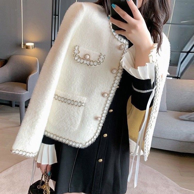 Tweed Style Jacket Autumn and Winter New Korean Style Short Mink Sweater Ladies Ladylike Elegant Mink Velvet European Style