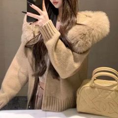 2025 秋冬新厚いフード付き大きな毛皮の襟ニットセータートップジャケット女性のフード付きファッション多用途ジャケット