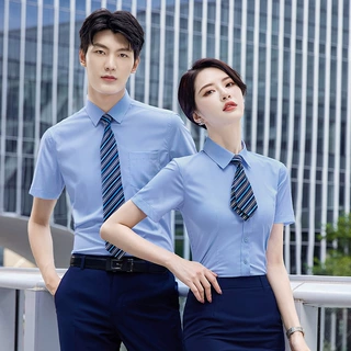 人字纹竹纤维衬衫男女职业衬衫短袖衬衣4S店销售工作服定印制logo