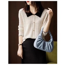 娃娃领撞色打底衫女秋季长袖内搭2025新款小香风薄款镂空针织上衣