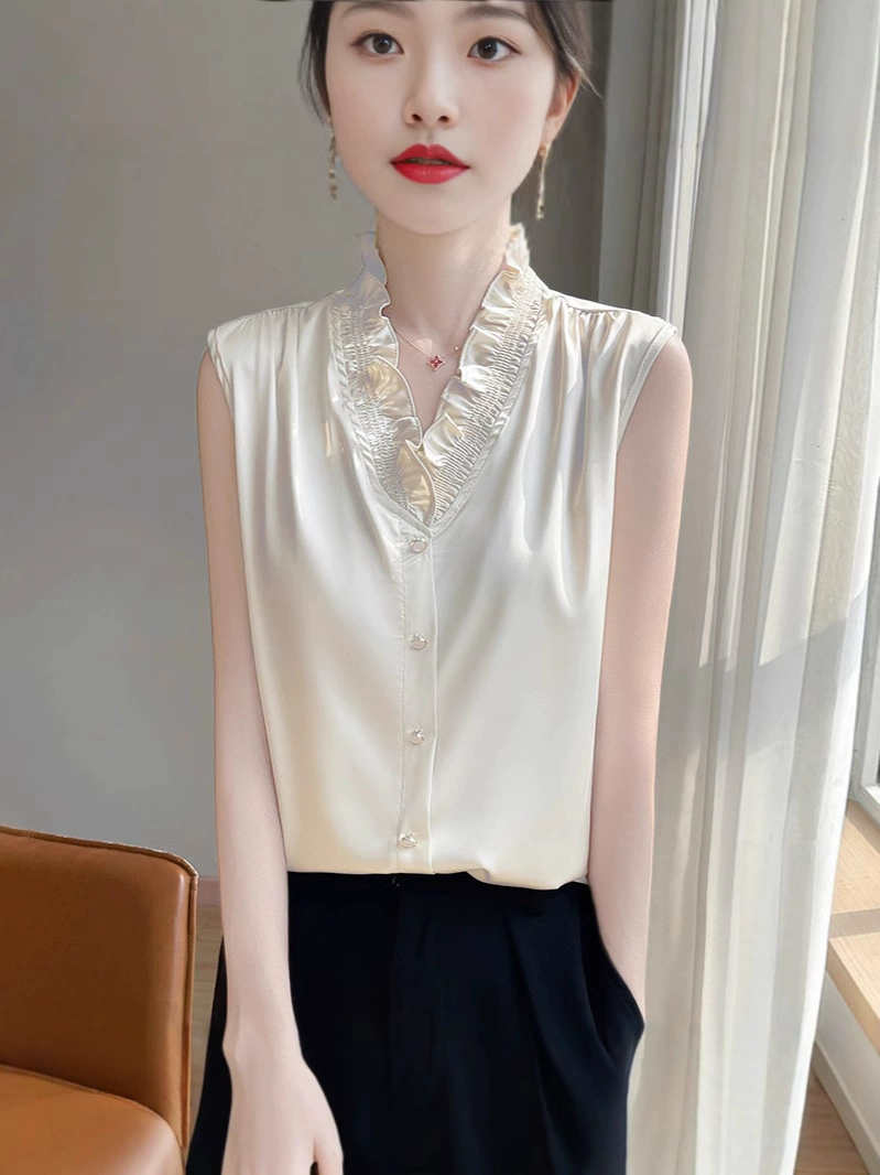 Весенний и летний модный искусственный шелк дикий воротник лотоса без рукавов