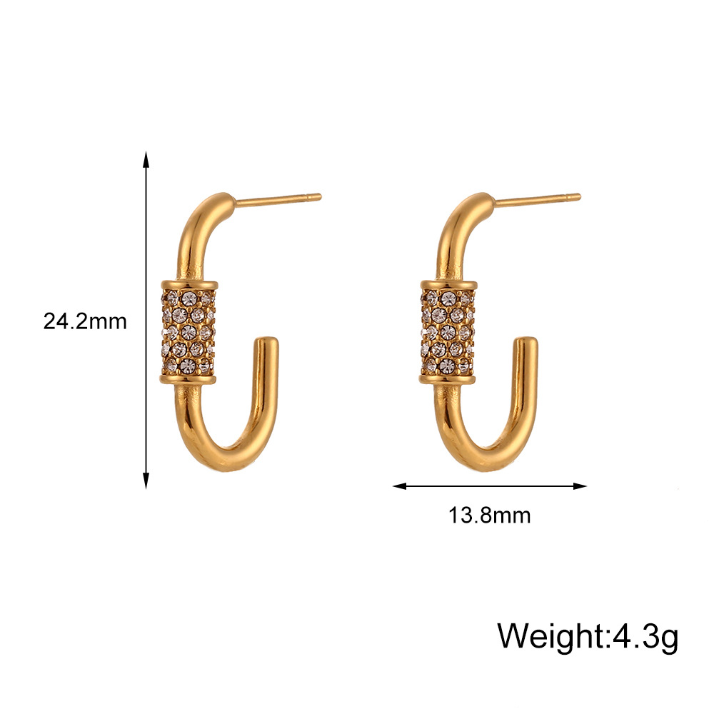 Fashion C Shape Stainless Steel Gold Plated Zircon Earrings 1 Pair