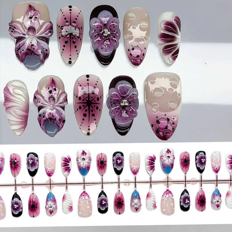 Purple 3D Ice-Clear Flower Short Almond-Shaped Press-On Nails for Cross-Border Trade, European and American Style, French Manicure Stickers Purple 3D Ice-Clear Flower Short Almond-Shaped Press-On Nails for Cross-Border Trade, European and American Style, French Manicure Stickers