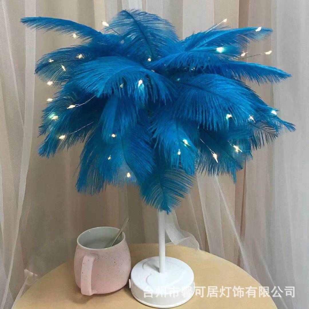 Lámpara de mesa de noche de plumas azules de mar profundo