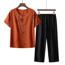 奶奶夏人造棉麻T恤衫中老年女装宽松短袖衬衫上衣妈妈休闲两件套
