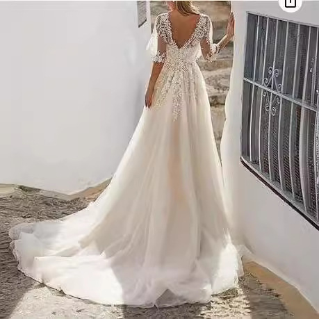 Vestido de noiva leve de manga comprida, estilo Mori, novo, simples, etéreo, sonhador, Hepburn, decote em V, cauda curta, modelador, roupa feminina para festa._voghion.com