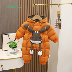 Baby cartoon fleece-lined warm down jacket jumpsuit newborn winter clothes thickened white duck down romper hooded romper