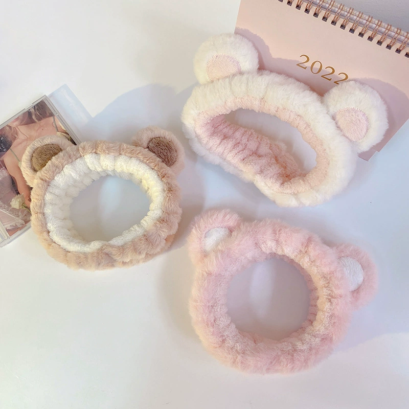 Оригинальный дизайн осенне-зимний плюшевый медведь круглая повязка для волос с кроличьей шерстью вышитые уши для мытья лица макияж повязка для волос